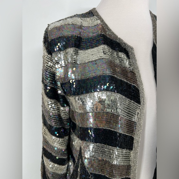 Vintage 80s Beaded Silver and Black Sequin Silk Evening Jacket - Picture 5 of 12